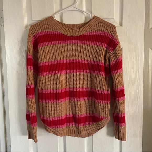 SO Sweaters - SO brand beige, pink, and red striped crew neck sweater Y2K women’s small